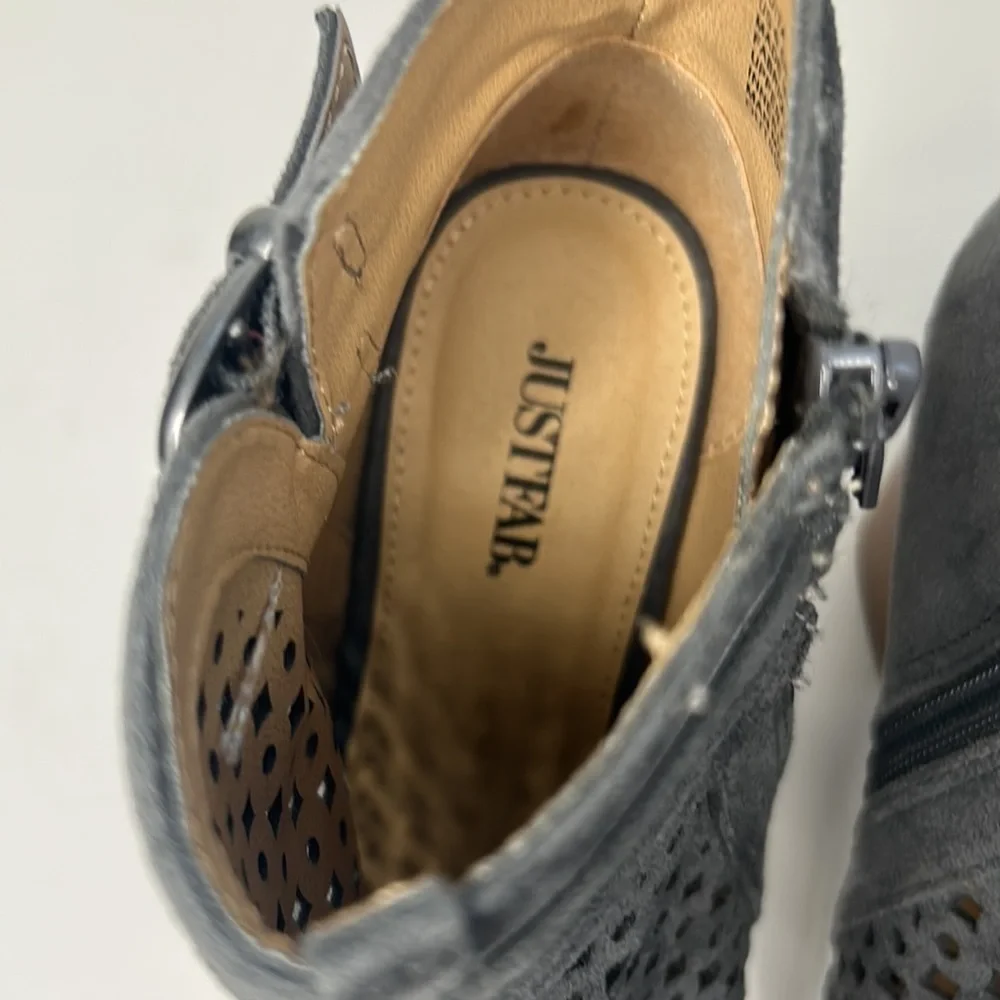 JUSTFAB Edita Faux Suede Gladiator Bootie Cutouts Double Buckle Block Heel 6.5 - Picture 3 of 7